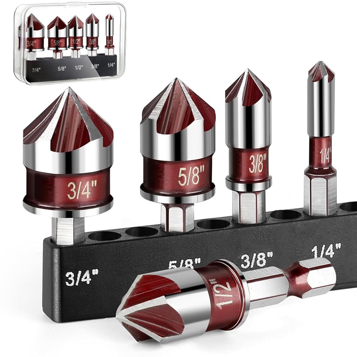 Serplex 5Pcs Countersink Drill Bit Set 3/4'', 5/8'', 1/2'', 3/8'', 1/4'', 82 ° 5-Flute Steel Countersink Drill Bit Universal Hex Shank, Rotatory Tool Countersink Drill Bits for Wood, Metal, Plastic Serplex 5Pcs Countersink Drill Bit Set 3/4'', 5/8'', 1/2'', 3/8'', 1/4'', 82 ° 5-Flute Steel Countersink Drill Bit Universal Hex Shank, Rotatory Tool Countersink Drill Bits for Wood, Metal, Plastic